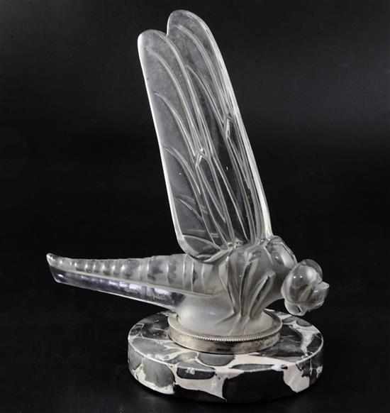 Grande Libellule/Large Dragonfly. A glass mascot by René Lalique, introduced on 23/5/1928, No.1145 Height with ring 20.5cm, overall 22.